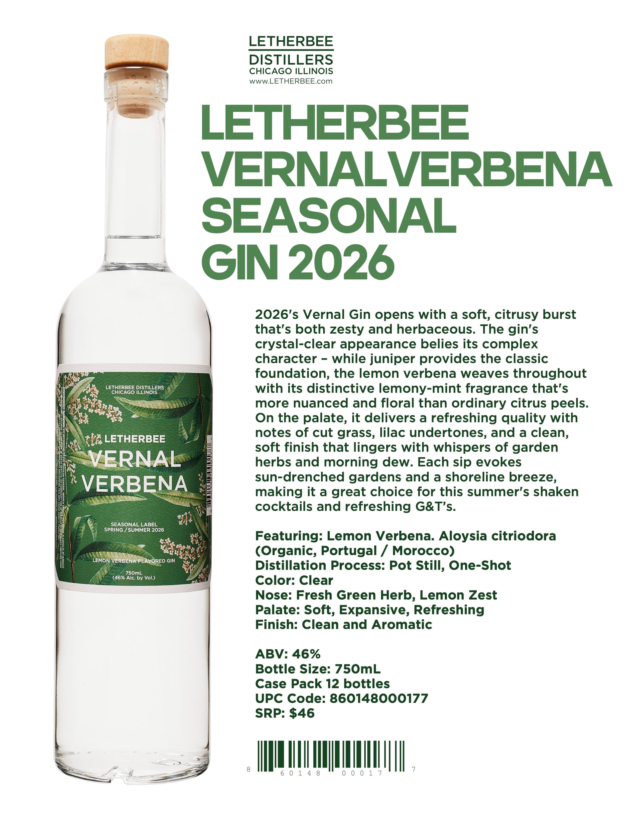 Tech Sheet Letherbee Vernal Gin 2026 Lemon Verbena